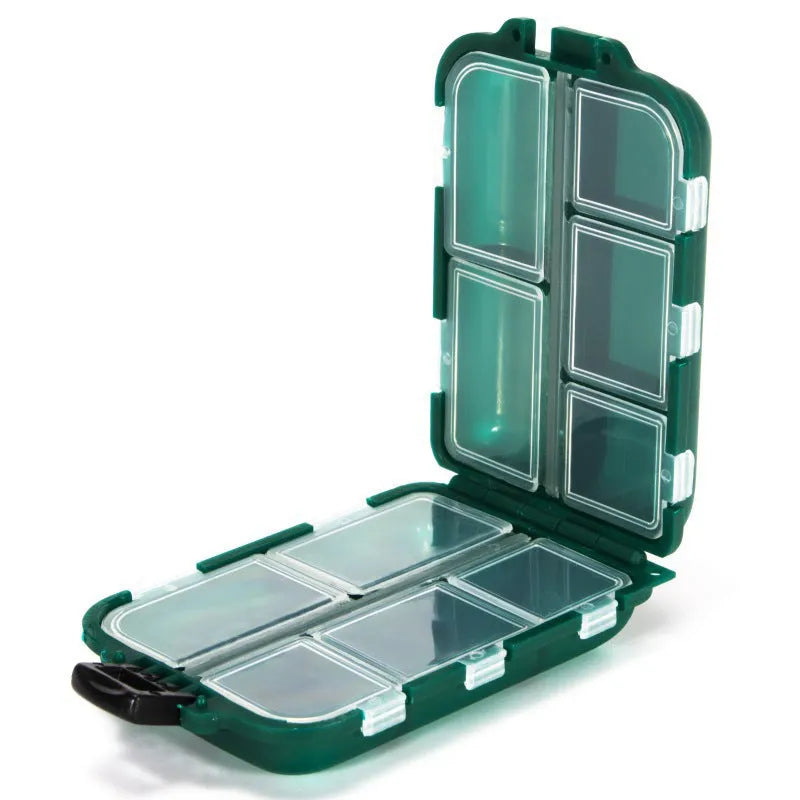 Plastic fishing tackle storage box with 10 grid compartments in black, blue or green