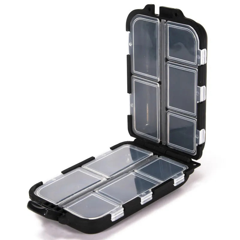 Plastic fishing tackle storage box with 10 grid compartments in black, blue or green