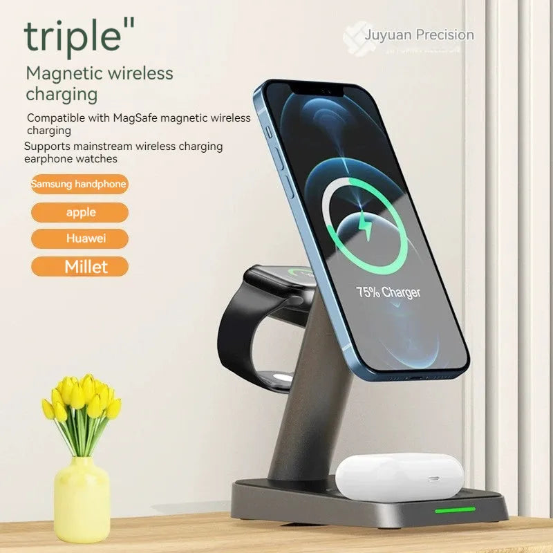 Black three-in-one wireless charging station for mobile phone, watch, and earbuds