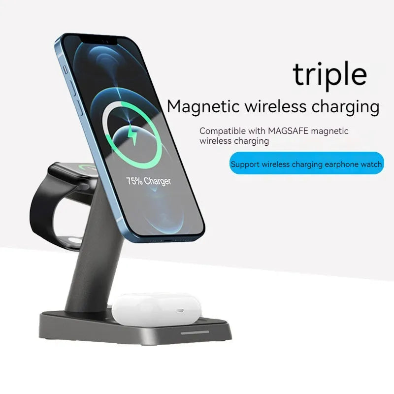 Black three-in-one wireless charging station for mobile phone, watch, and earbuds