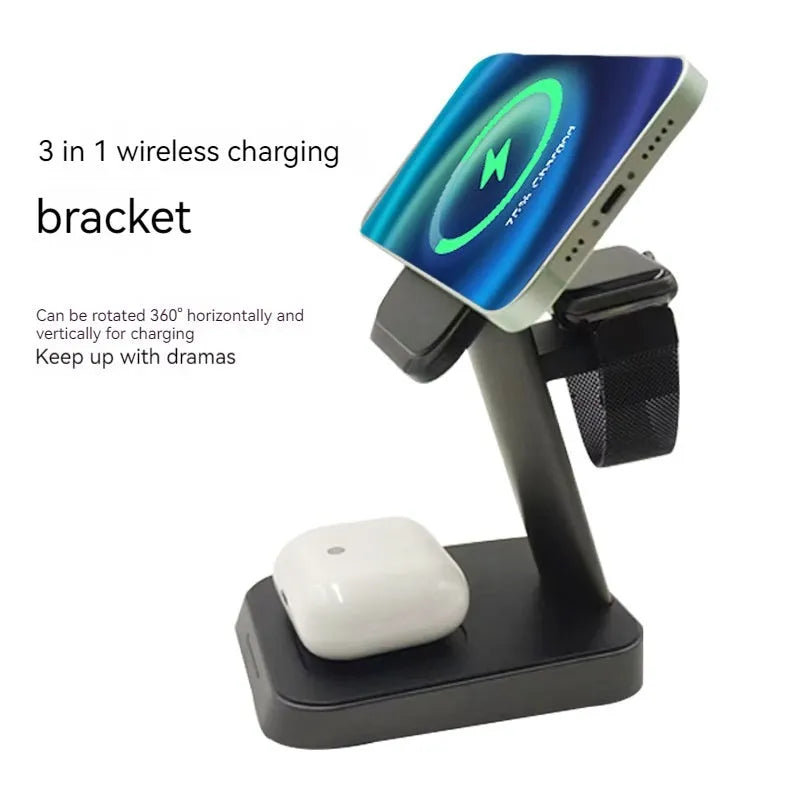 Black three-in-one wireless charging station for mobile phone, watch, and earbuds