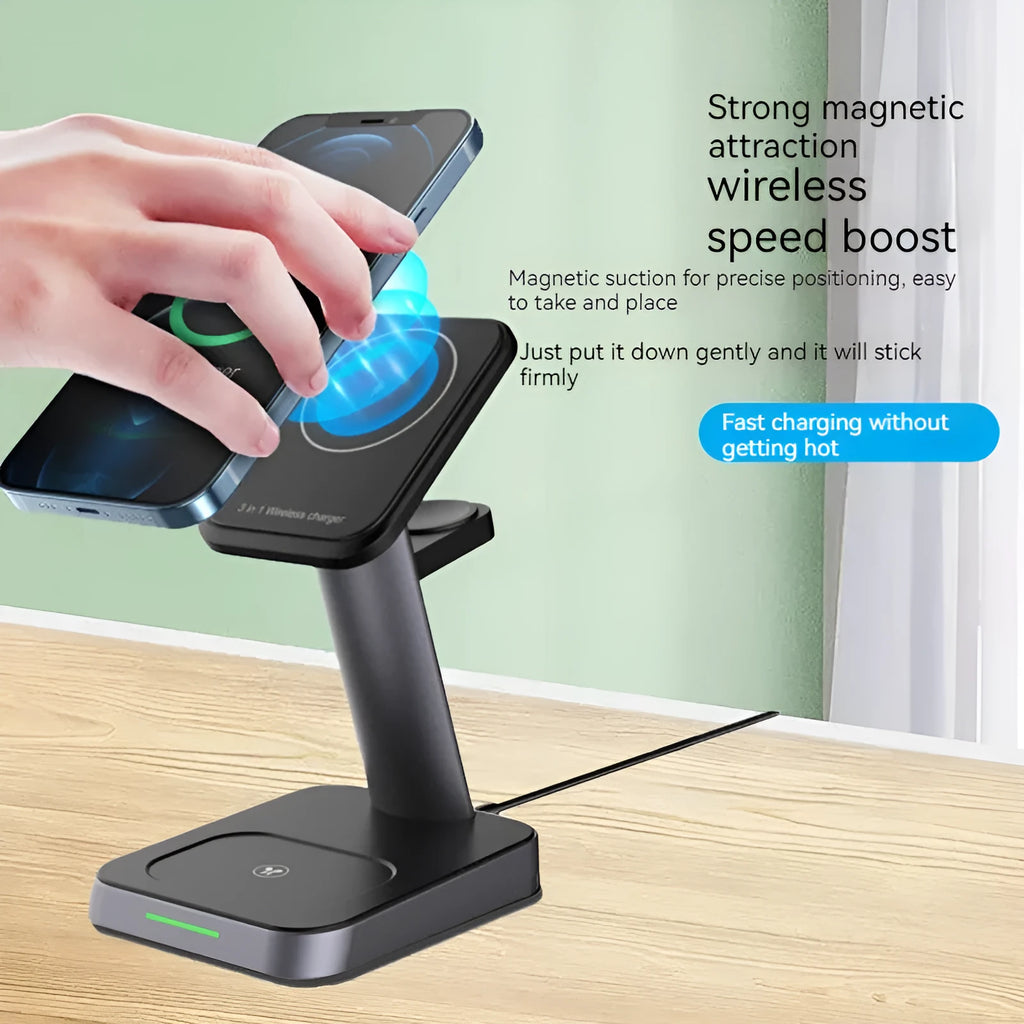 Black three-in-one wireless charging station for mobile phone, watch, and earbuds
