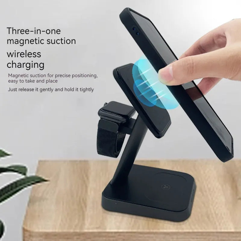 Black three-in-one wireless charging station for mobile phone, watch, and earbuds
