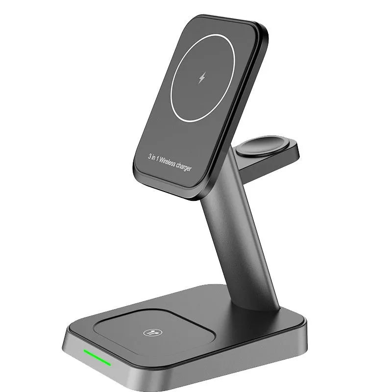 Black three-in-one wireless charging station for mobile phone, watch, and earbuds