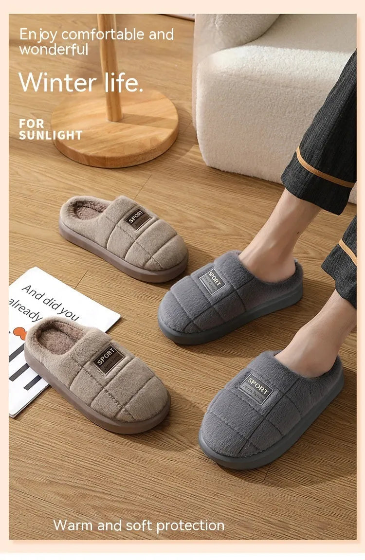 Men's plaid patterned winter slippers with rabbit hair upper and thick EVA sole in brown, coffee, grey colour options.
