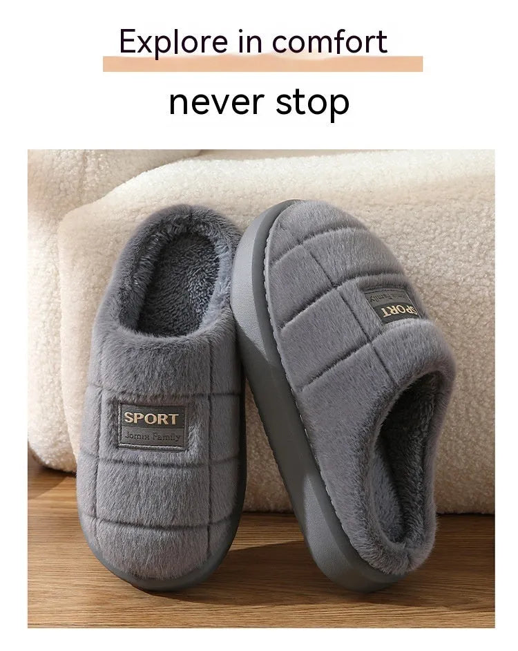 Men's plaid patterned winter slippers with rabbit hair upper and thick EVA sole in brown, coffee, grey colour options.