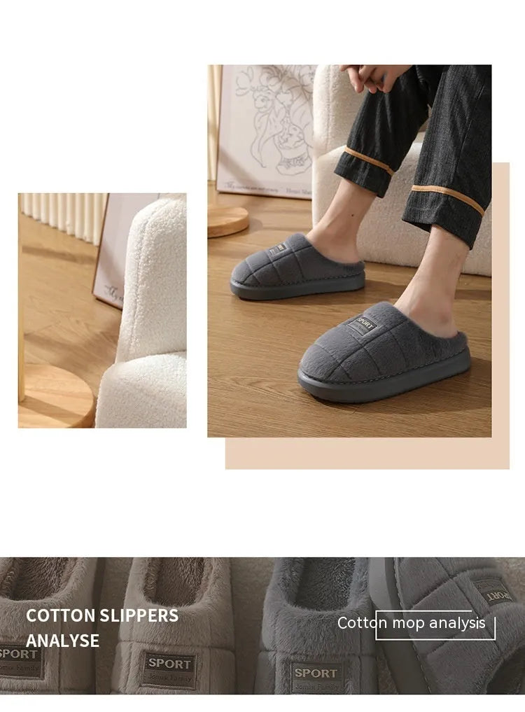 Men's plaid patterned winter slippers with rabbit hair upper and thick EVA sole in brown, coffee, grey colour options.