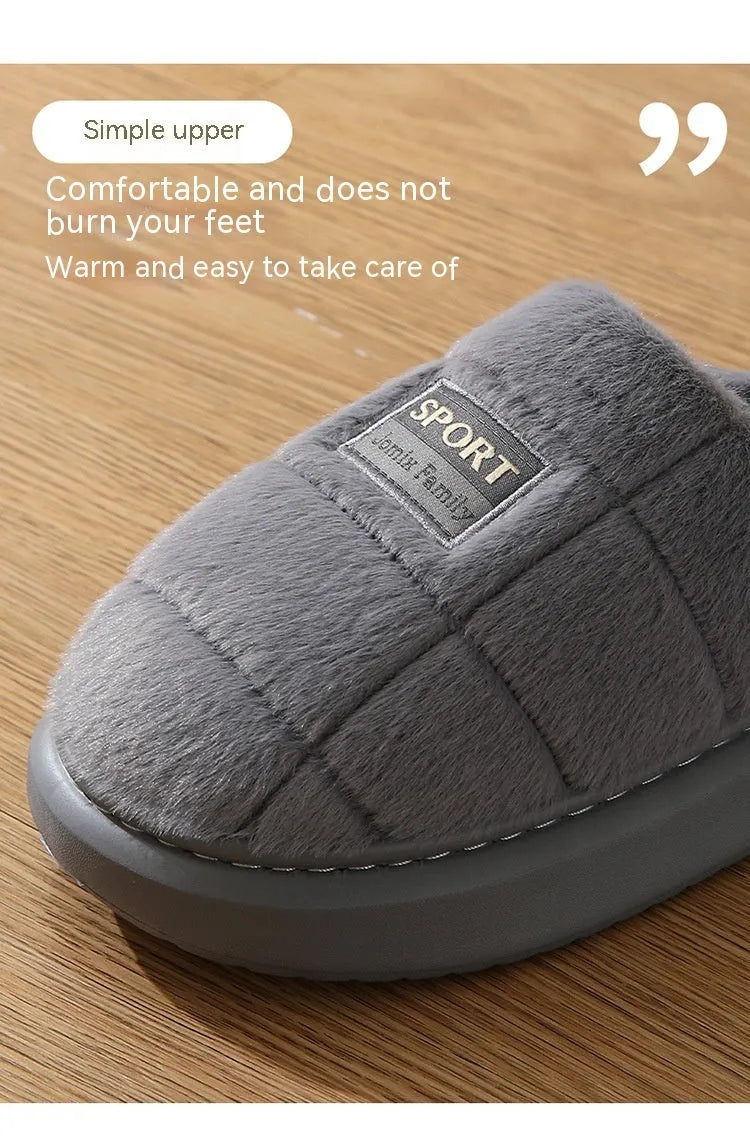 Men's plaid patterned winter slippers with rabbit hair upper and thick EVA sole in brown, coffee, grey colour options.