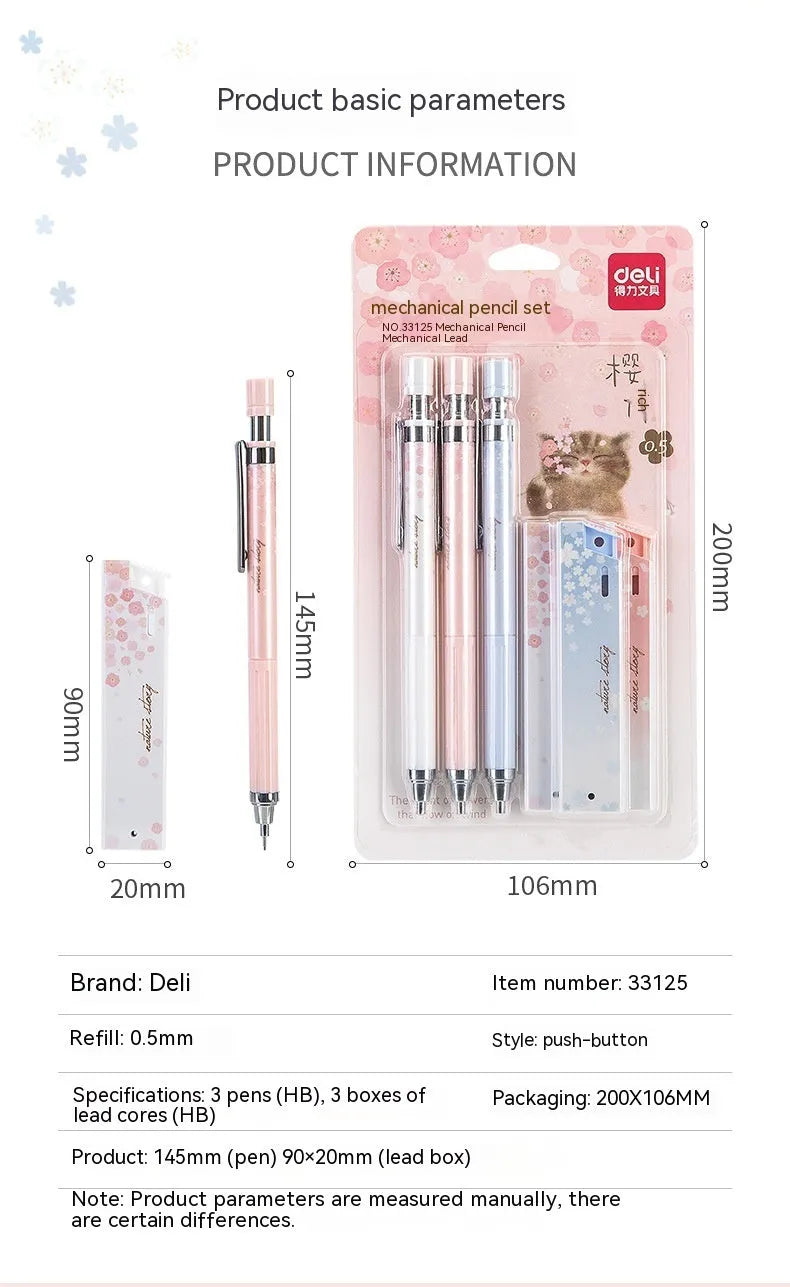 Set of three cartoon-design 0.5mm automatic pencils with boxes of HB refills.