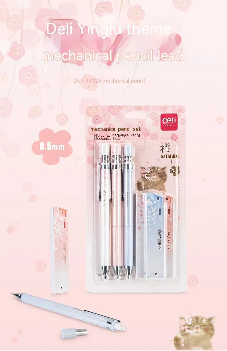 Set of three cartoon-design 0.5mm automatic pencils with boxes of HB refills.