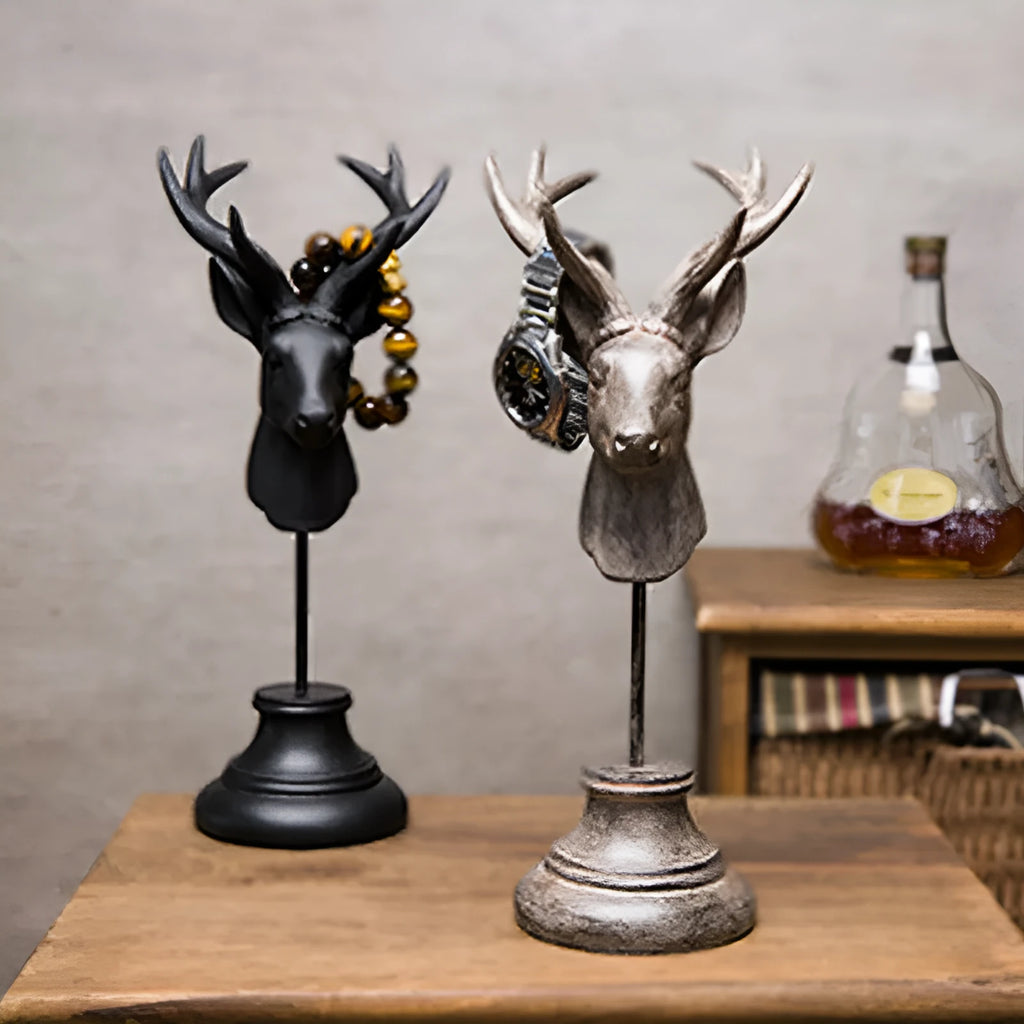 Woodland animal resin sculpture home decoration in black, white, and wood colour finishes.