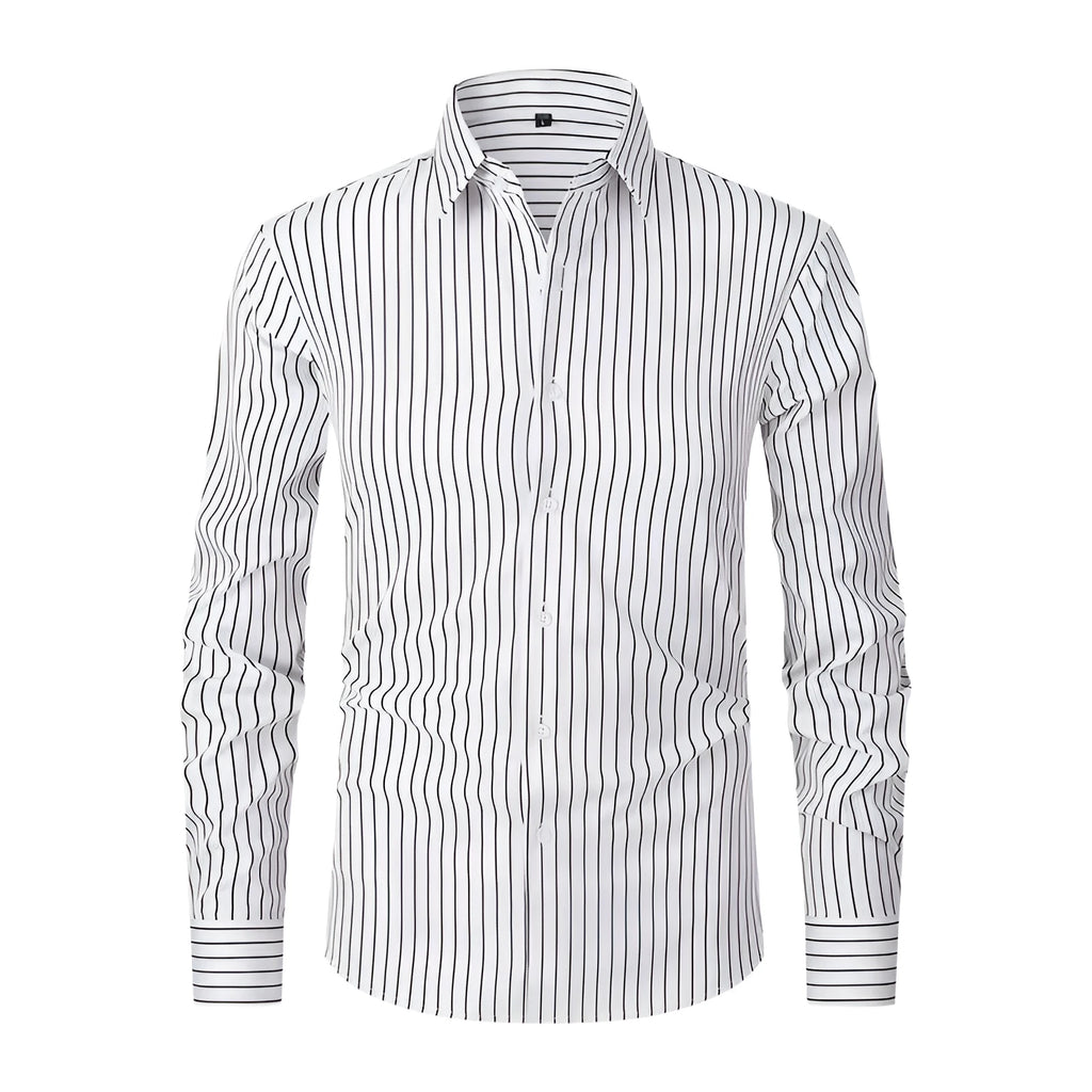 Men's slim fit striped long sleeve shirt in ice silk polyester blend for business wear.