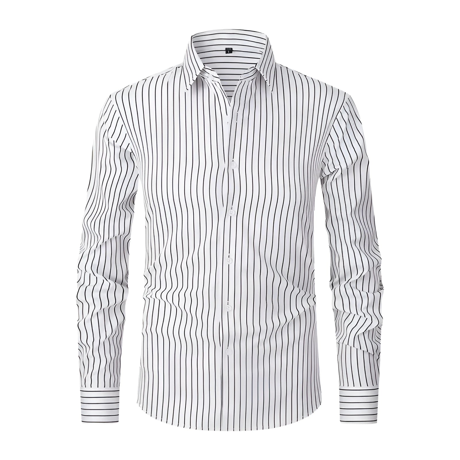 Men's slim fit striped long sleeve shirt in ice silk polyester blend for business wear.