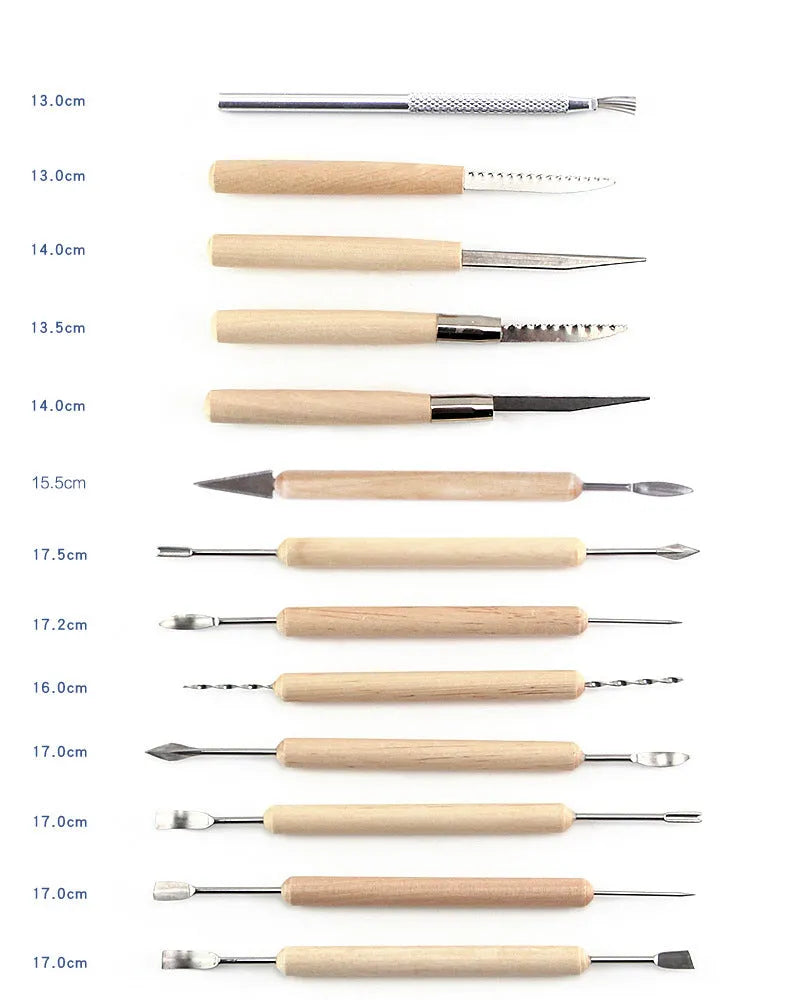 27-piece pottery clay tool set with stainless steel, wooden, and plastic tools rolled in a protective case.