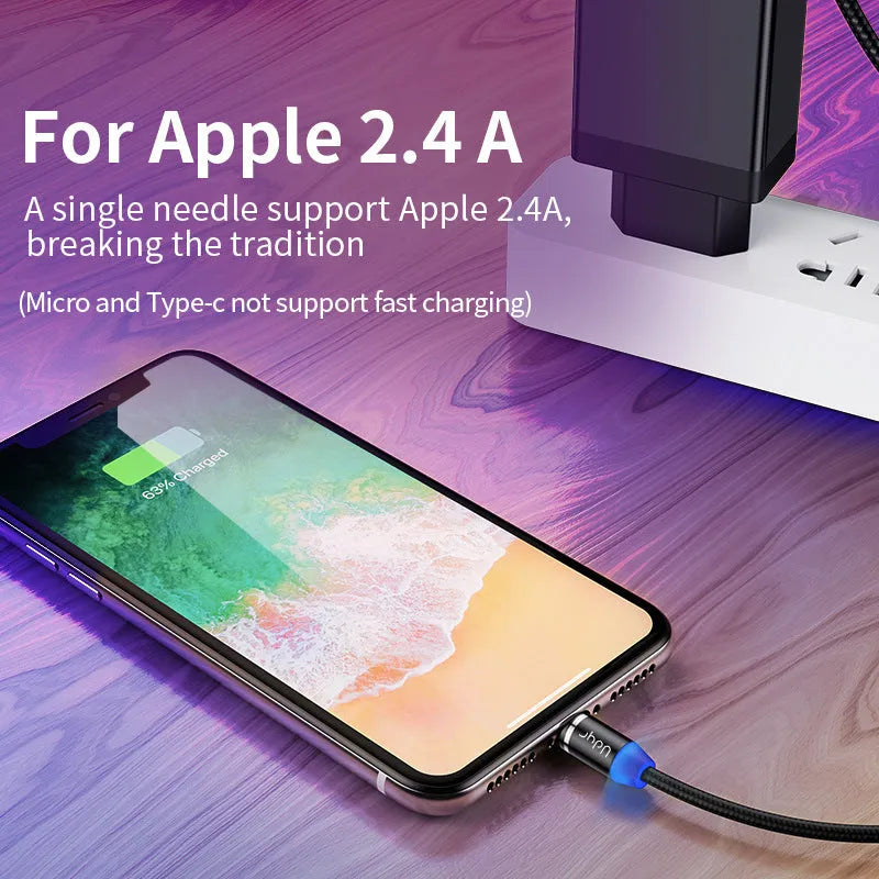 Black magnetic data cable with detachable Android, Apple, and TYPE-C connector heads in 1 metre length