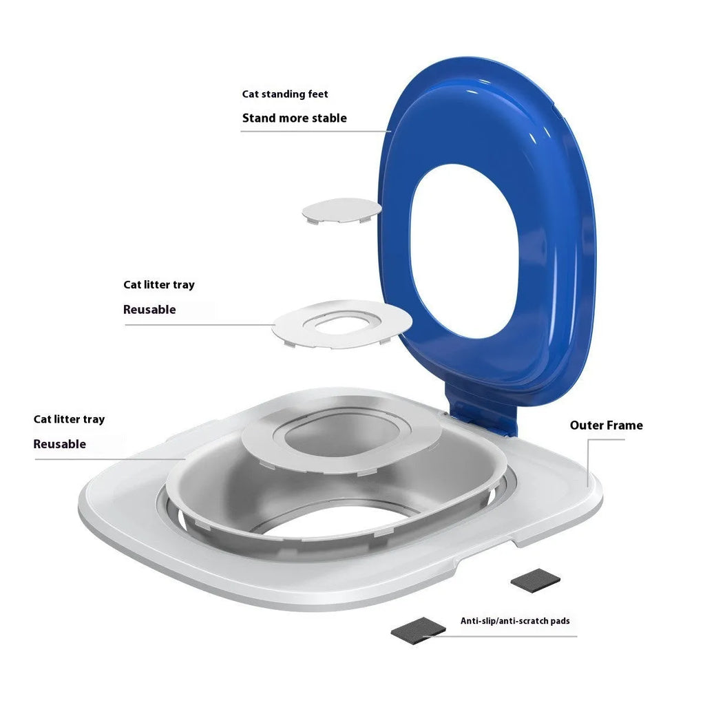 Fifth generation cat toilet trainer in blue, showing its new shape with raised back splash guard.