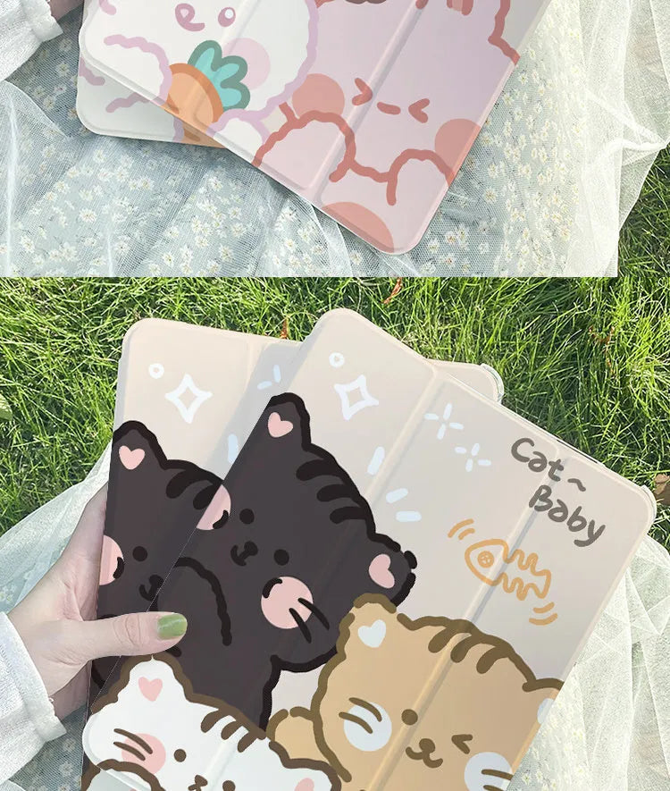 Silicone tri-fold protective case for iPad in a cartoon rabbit design, showing the stand function.