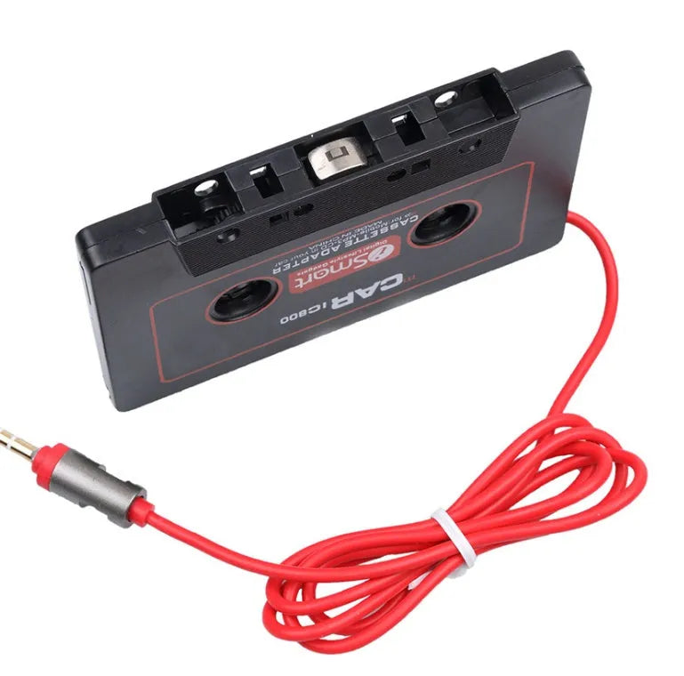 Black car cassette adapter with 3.5mm audio jack for connecting portable music players to car stereos