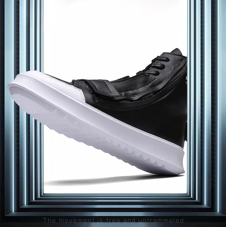 Black and white men's high-top ankle boots made from PU leather and microfiber for winter wear.