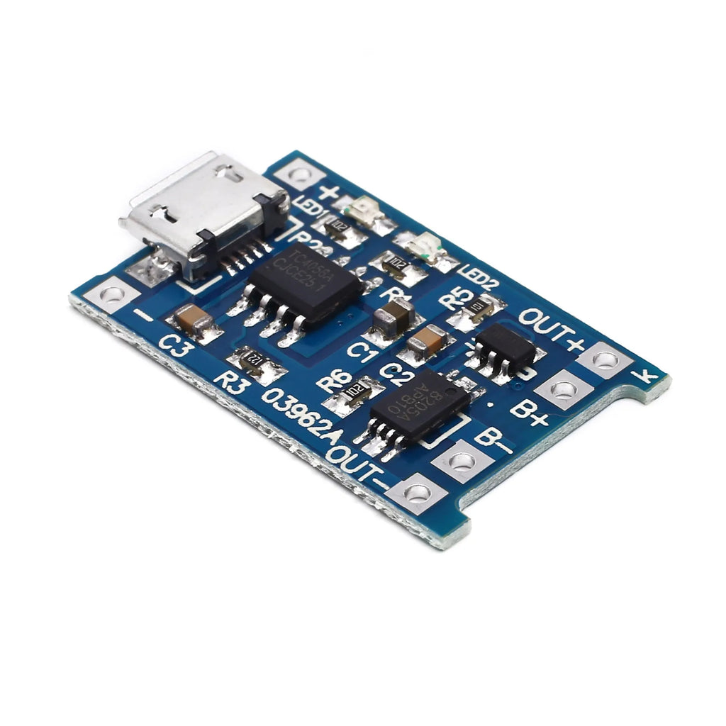Blue lithium battery charging and protection circuit board measuring 26mm by 17mm