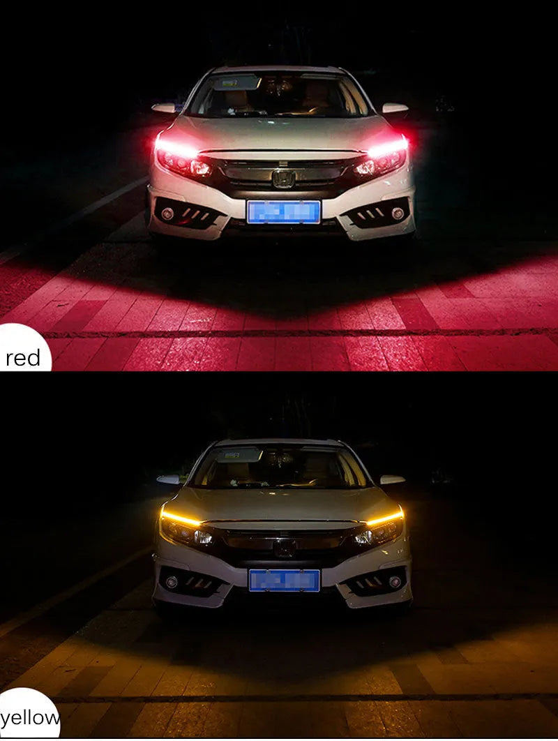 Blue and yellow LED car light strip installed on a vehicle headlight