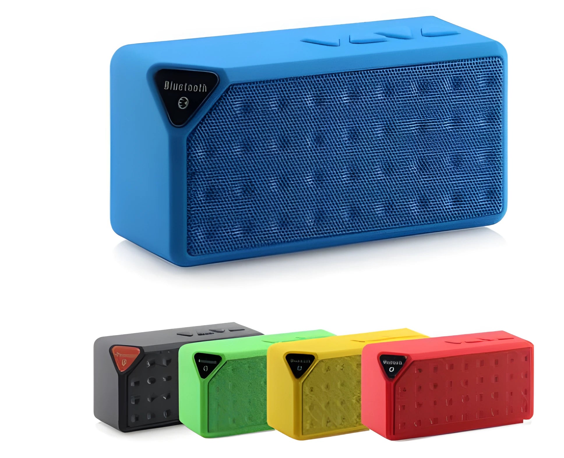 Cannon X3 small cube-shaped portable Bluetooth speaker with FM radio, shown in available colours: black, blue, green, red, yellow.