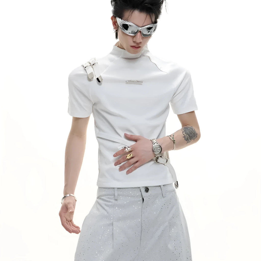Men's black cotton T-shirt with metal belt design and stand-up collar slim fit styling