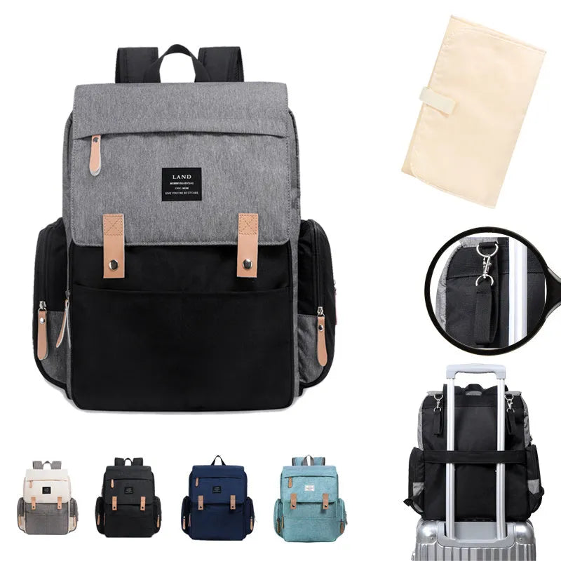LAND Mommy large capacity oxford cloth diaper backpack with changing mat in grey colour.