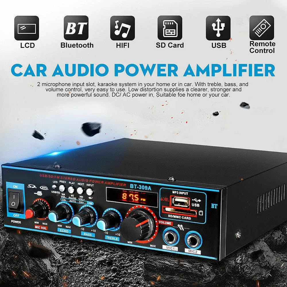 Black dual-purpose Bluetooth power amplifier with remote control on a table