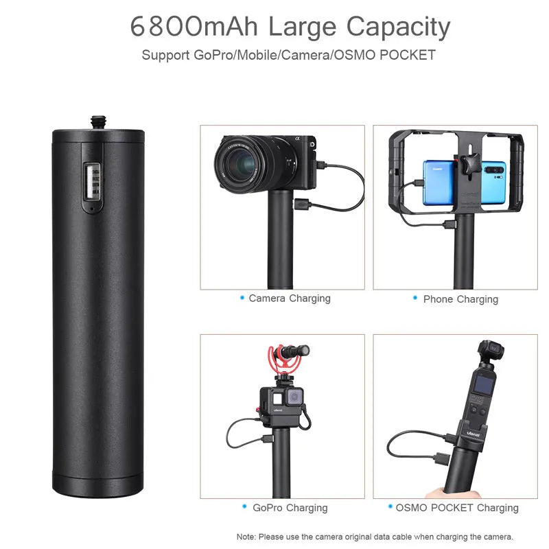 Black aluminium alloy portable power bank with an integrated handle, showing front view with scale.