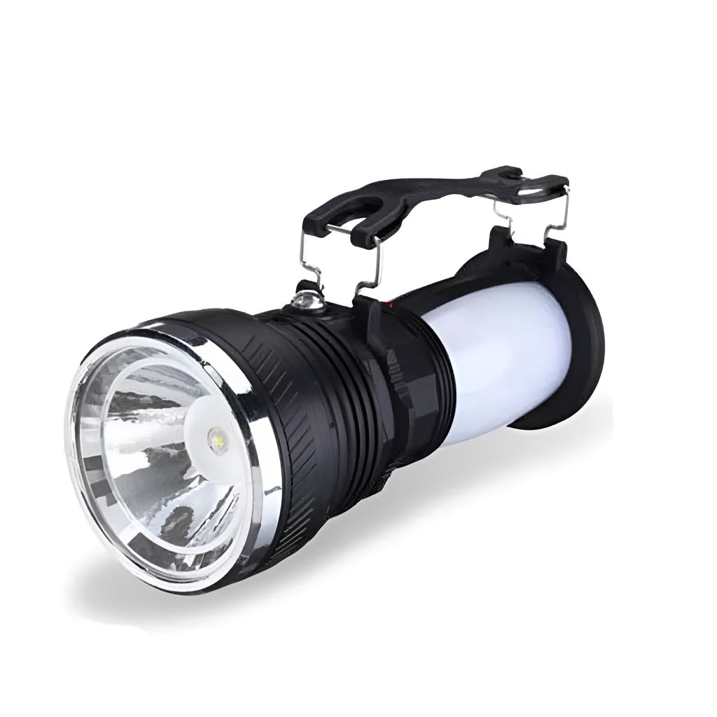 Black solar-powered rechargeable LED torch with USB charging port.