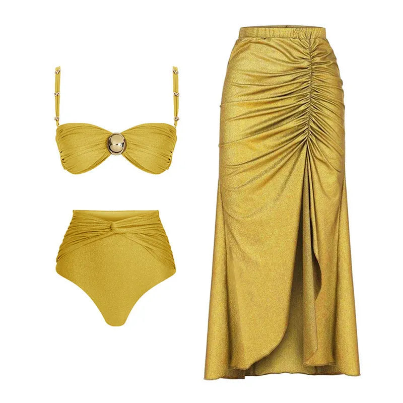 Women's yellow high waist split bikini swimsuit with skirt on beach