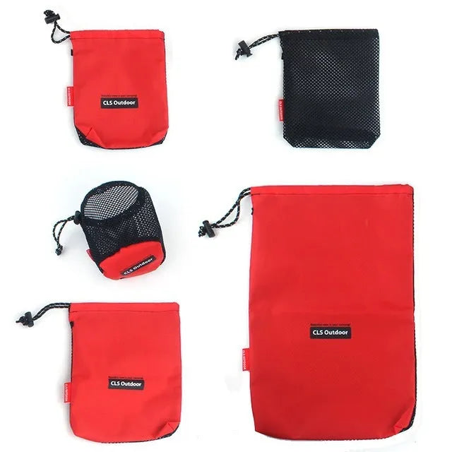 Red 5-piece Oxford cloth travel storage bag set with mesh panels and zipper closures