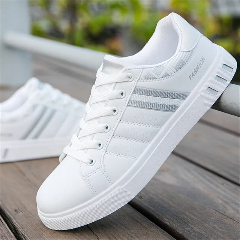 Men's sports shoes in black, grey, or white colours with UK sizing information and foot length chart