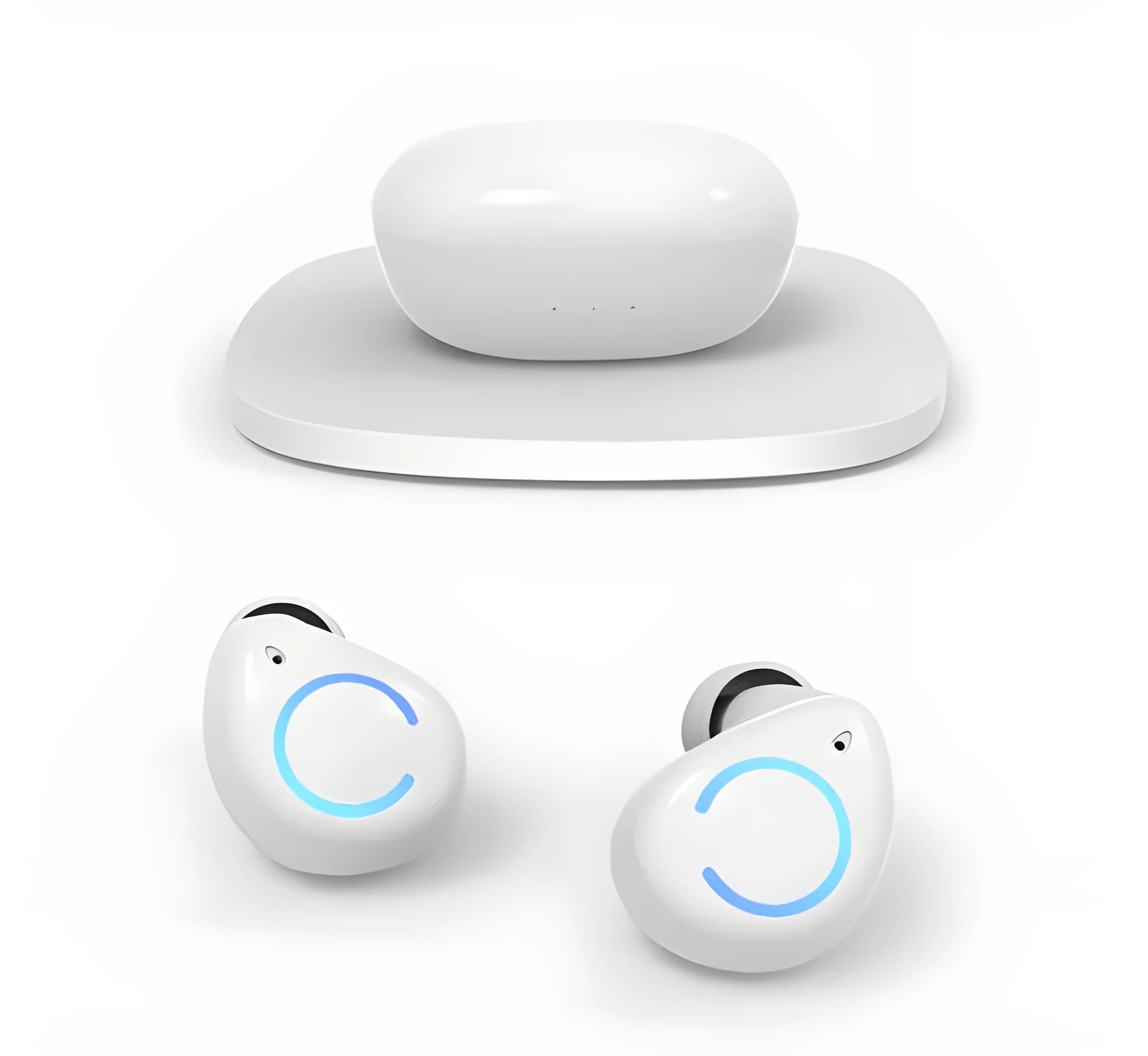 Black and white M18 true wireless in-ear Bluetooth headset with charging case.