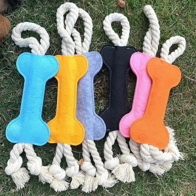 Bone-shaped dog chew toy with rope knot and felt construction in four colour options