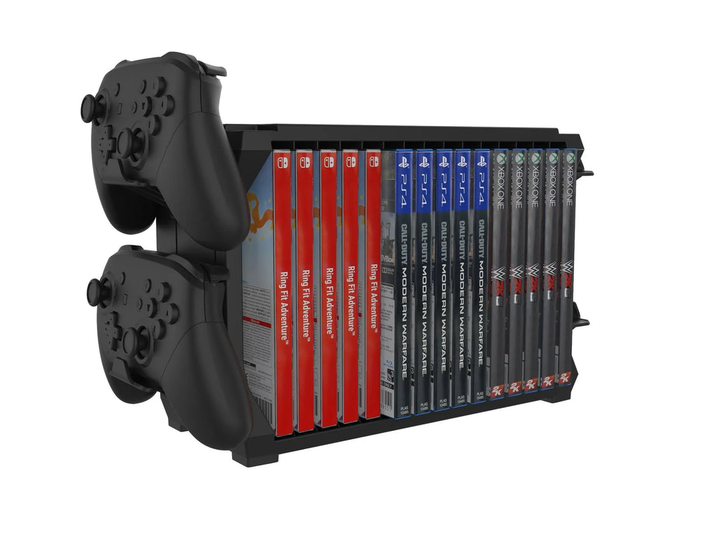 Black PS5 disc holder for multiple consoles with controller stand slots