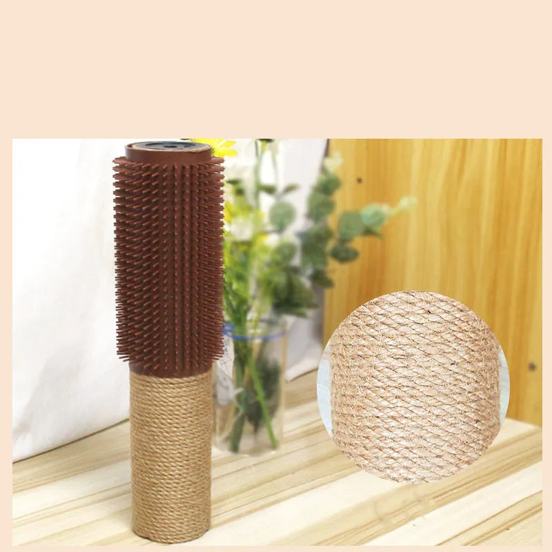 Brown sisal rope cat scratching post standing 30cm tall on a floor.