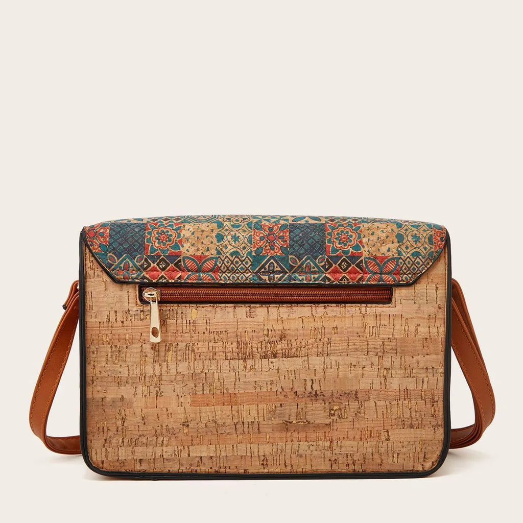 Printed PU leather crossbody bag with single adjustable shoulder strap in pansy square print grass flower or green colours
