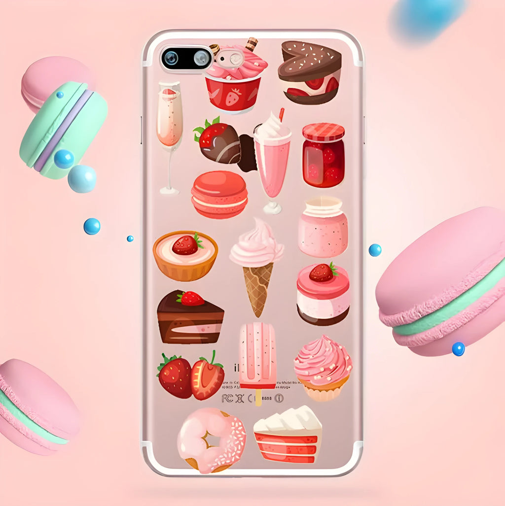 Clear iPhone case with ice cream pattern design showing TPU and PC construction