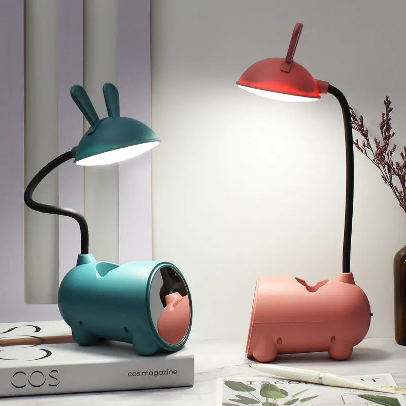 Cartoon-themed desktop table lamp with pen container, USB power connection