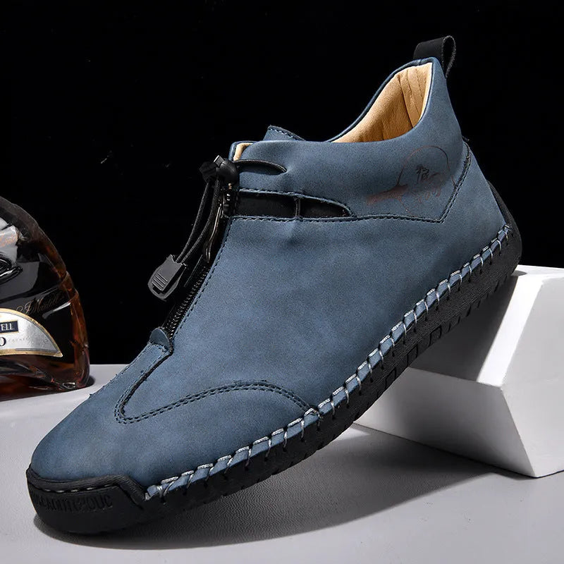 Men's casual leather shoes with round toe and 3-5cm heel in black, blue, green, or khaki