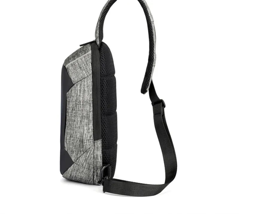 Dark blue waterproof Oxford cloth chest bag with zipper opening showing internal mobile phone compartment
