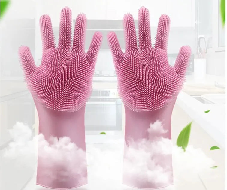 Blue silicone cleaning gloves with textured scrubbing patterns on fingers and palms.