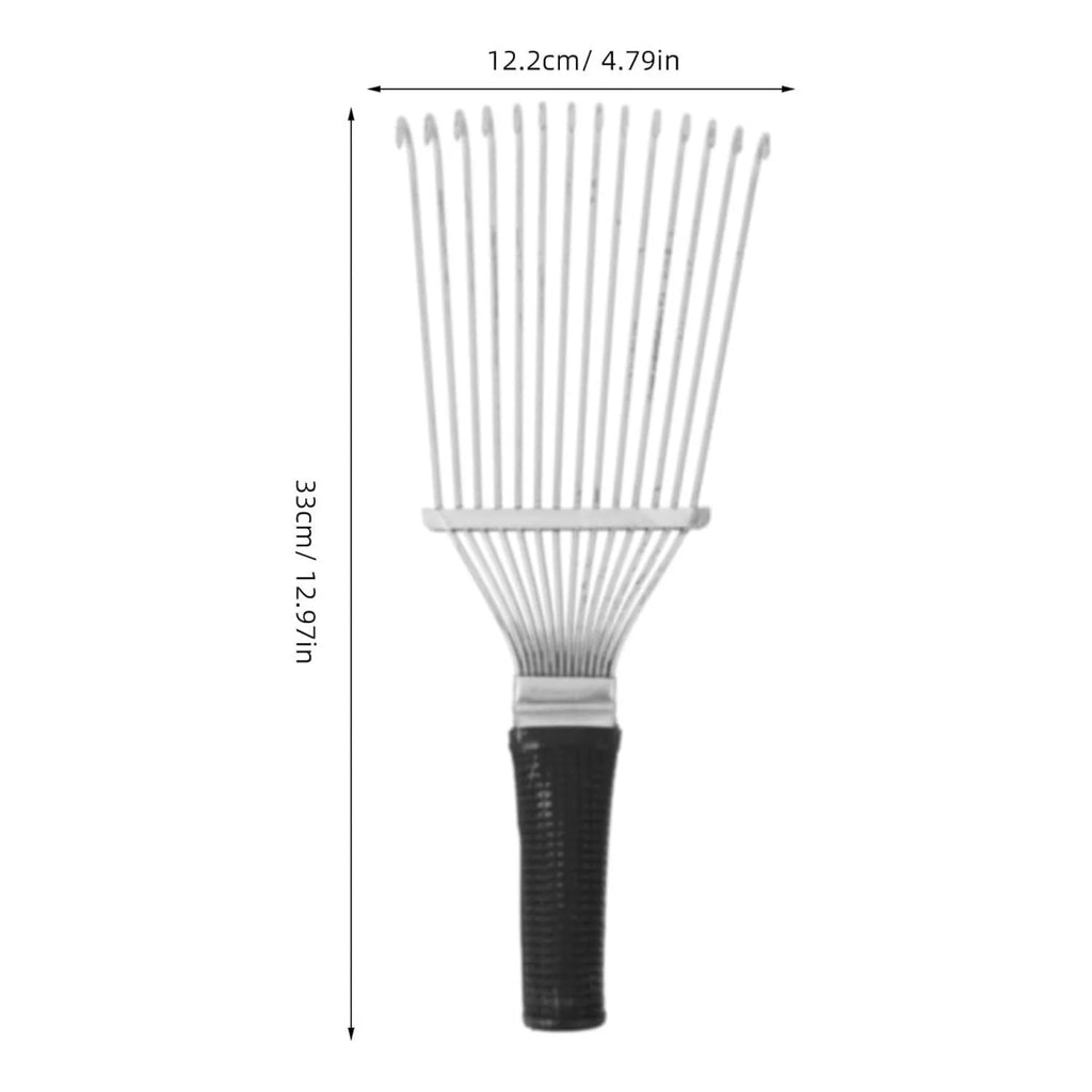 Black stainless steel pet grooming rake comb with curved teeth, shown on a plain background.