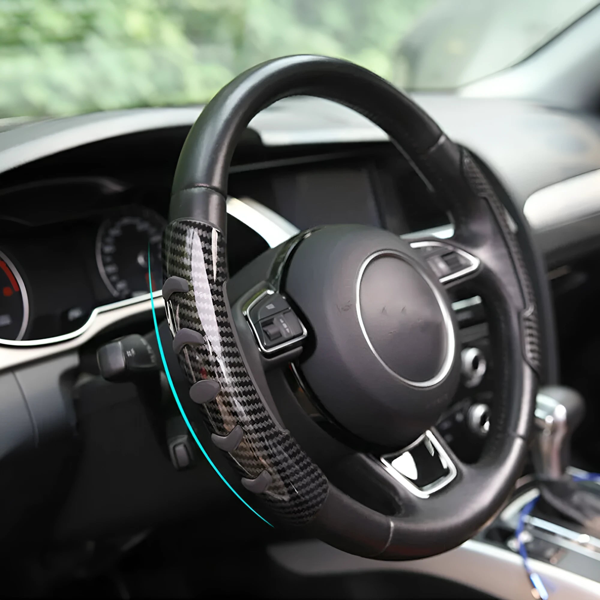 Carbon fibre black fibre steering wheel anti-slip sleeve showing 38cm diameter measurement