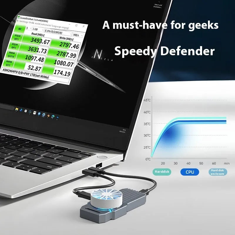 Silver aluminium USB4 external hard disk enclosure for NVMe M.2 SSDs with compact rectangular design