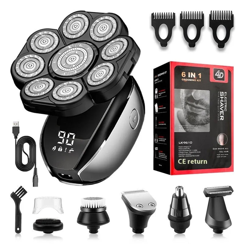 Black rechargeable 6-in-1 hair clippers and shaver kit with multiple attachments laid out