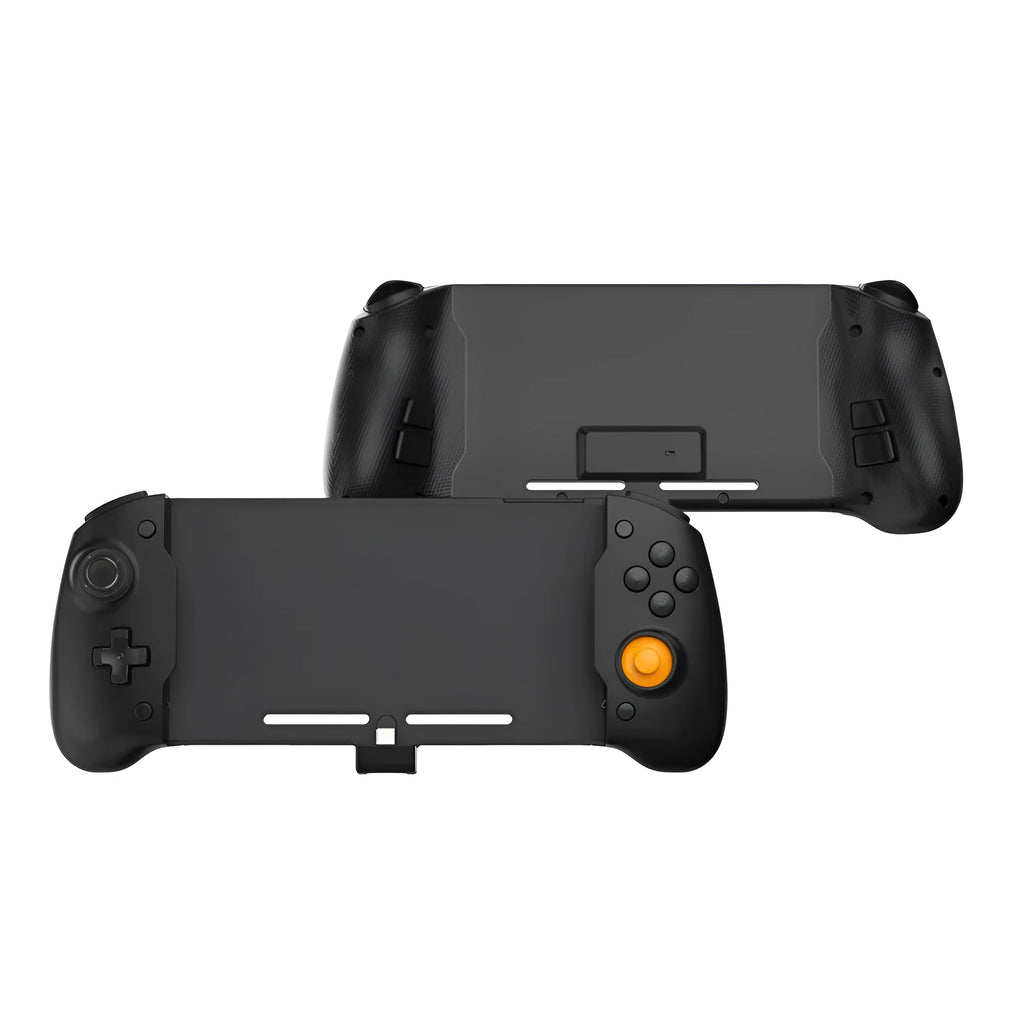 Black or white portable Switch gamepad handle showing console insertion point, buttons, and Type-C charging port.