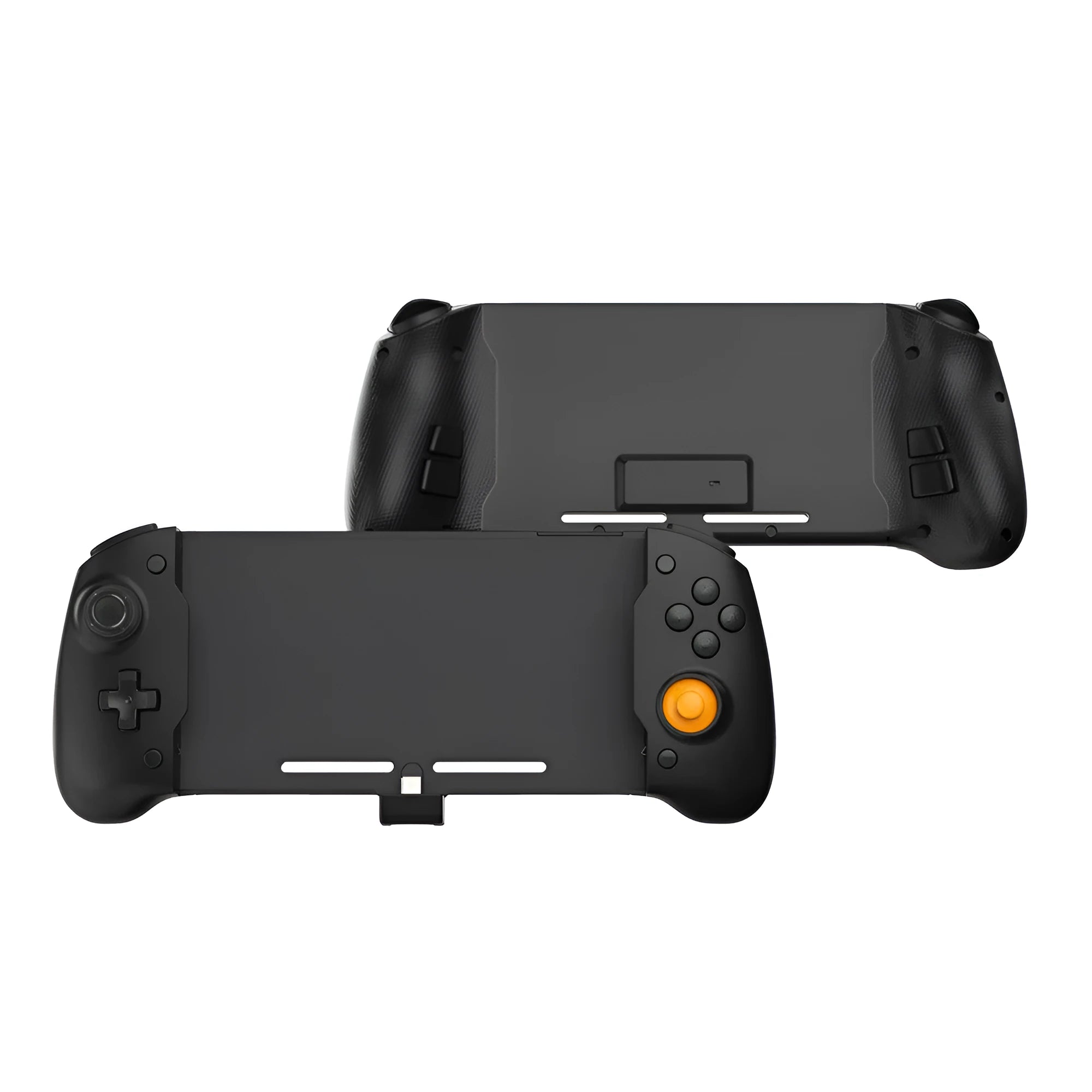 Black or white portable Switch gamepad handle showing console insertion point, buttons, and Type-C charging port.